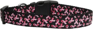 Pink Ribbons on Black Nylon Dog Collar