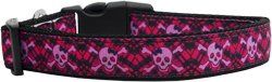 Hot Pink Plaid Skulls Nylon Dog Collar (size: Sm)