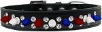 Double Crystal with Red, White and Blue Spikes Dog Collar (size: Black Size 16)